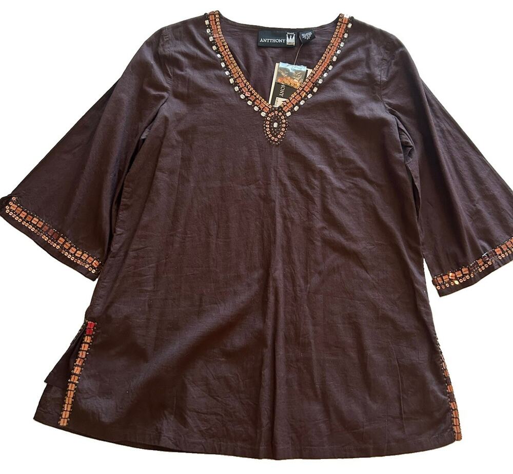 NWT Antthony Originals Brown Cotton Sequined Tunic Top 3/4 Sleeve V-neck Sz XS
